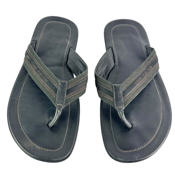 LOUIS VUITTON Black Leather Cotton Thong Sandals Made in Italy 12 - 13US - Picture 1 of 11